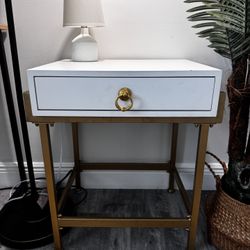 Modern White + Gold Metal Nightstand / Accent Table w/ Drawer 