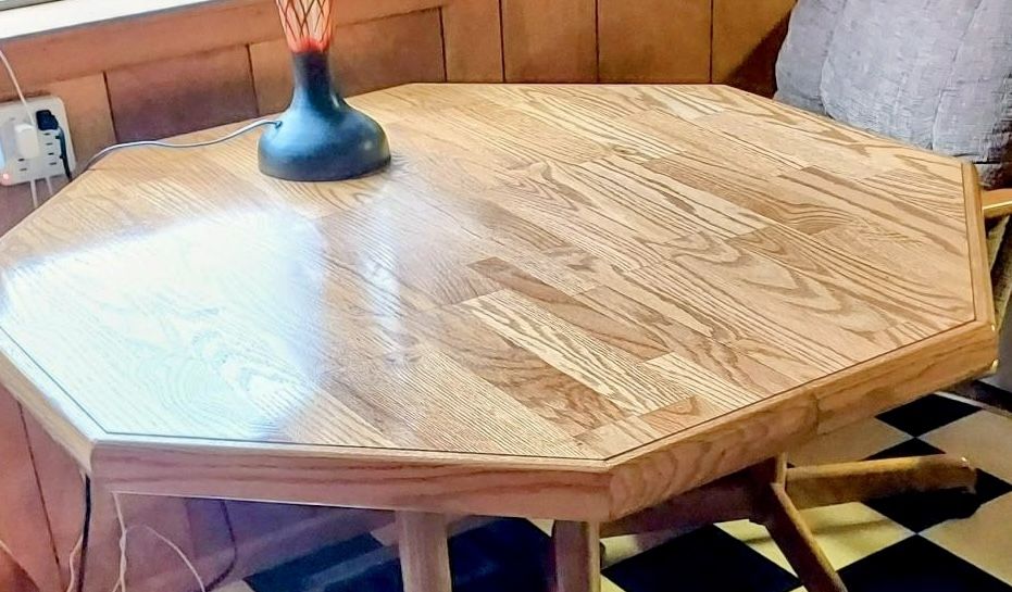 Octagonal  wood dining table with leaf, 4 chairs.