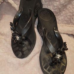 Shoes. BCBG Sandals, Wedges. Very Cute And Comfy. Worn Maybe Twice. Has Flower Made with Pearl's And Beads On Top. 