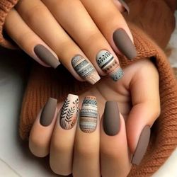 🪴24 Pcs Boho Press on Nail Set Medium-Long Length Coffin Shaped Fake Nails