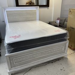 White Led Bed Frame Mattress And Boxspring 