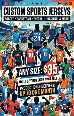 Sports jersey any size number and name for $35 each