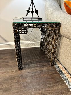 Glass Top Woven Side Table