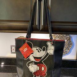 Disney Mickey Mouse Tote Bag Black Canvas Faux Leather with Red Sequins 12x12x5”