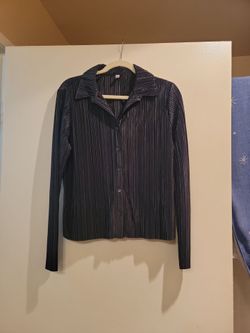 Black Pleated Button-Up Blouse