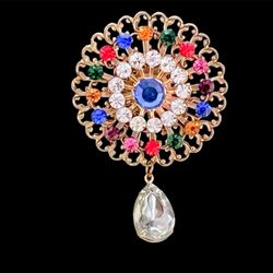 Gold Tone Filigree & Multicolor Crystal Rhinestones Brooch Vintage