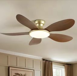 Rennnsan Solix 51.2 in. Vintage Gold and Walnut Flush Mount Farmhouse Standard Ceiling Fan Light with Integrated LED and Remote