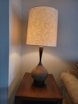 Stunning Vintage 1950's Design Pair Table Lamps, Cork & Walnut Wood, Original Shades Thumbnail