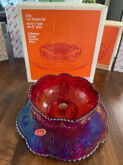 Indiana Glass Co Iridescent Sunset Carnival Glass 2 Piece Dessert Set #2286