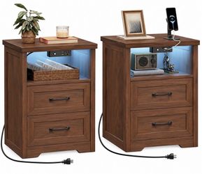 Set of 2 Farmhouse Nightstands – Walnut, Charging Station & LED Lights