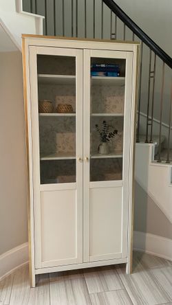 Elegant Ivory Glass Display Cabinet with Gold Accents | Bookcase | Curio Cabinet