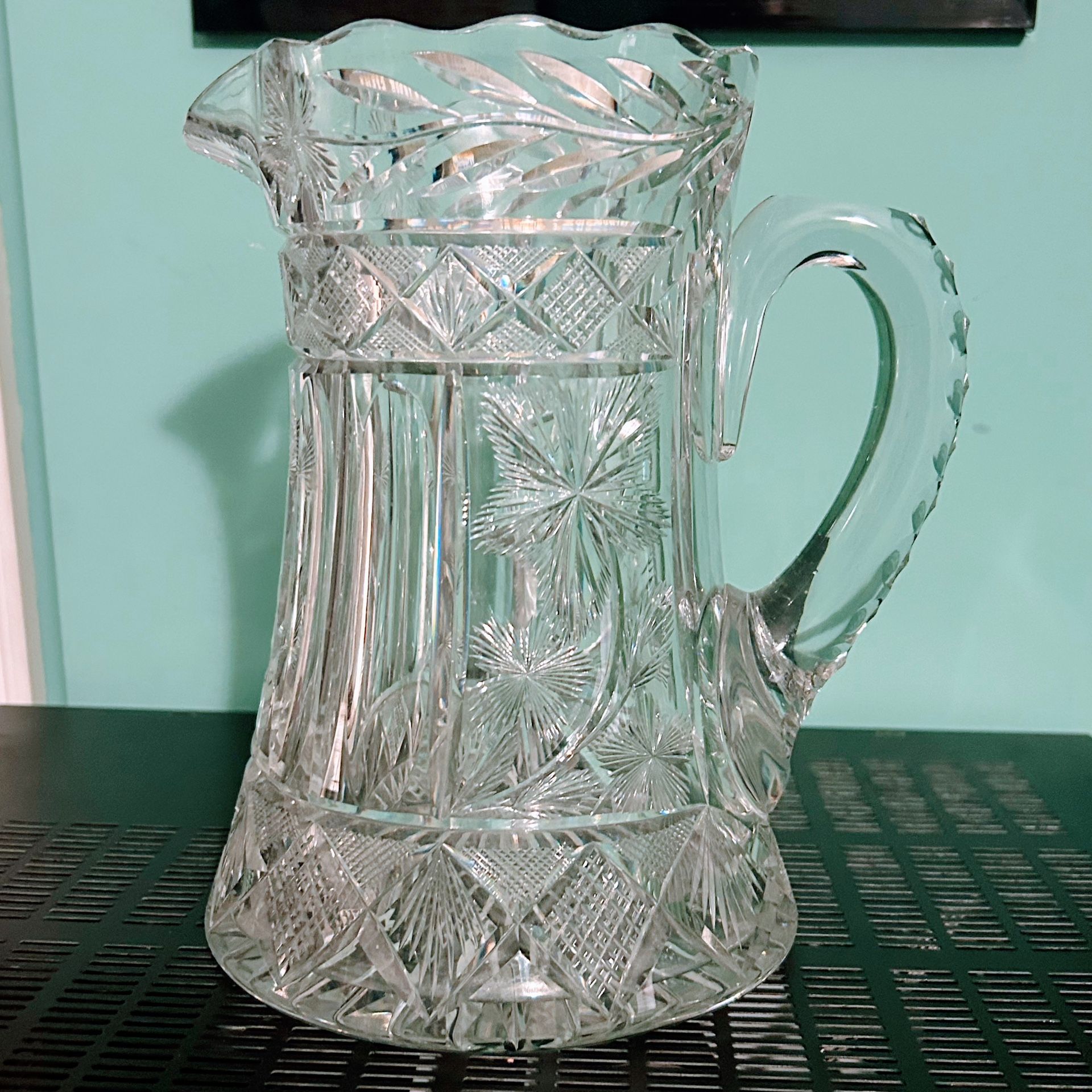 Antique American Brilliant Period Cut Crystal Glass Pitcher 8” Tall