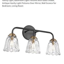 Daunton Vintage 3 Light Vanity Light, Black and Gold Bathroom Vanity Light, Bathroom Light Fixtures with Glass Shade, Antique Vanity Light Fixtures Ov