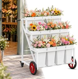 Flower Stand, Heavy Duty Flower Display Cart with Large & Lockable Wheels
3 Tier Flower Bar Stand with 12 Buckets, Mobile Garden Cart for Weddings, Pa