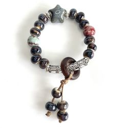 Smoky blue star Bracelet Elastic Stretchy  ceramic beaded wood silver filigree