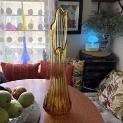 Vintage Ribbed Amber 22.5” Large Swung Vase MCM Mid century 