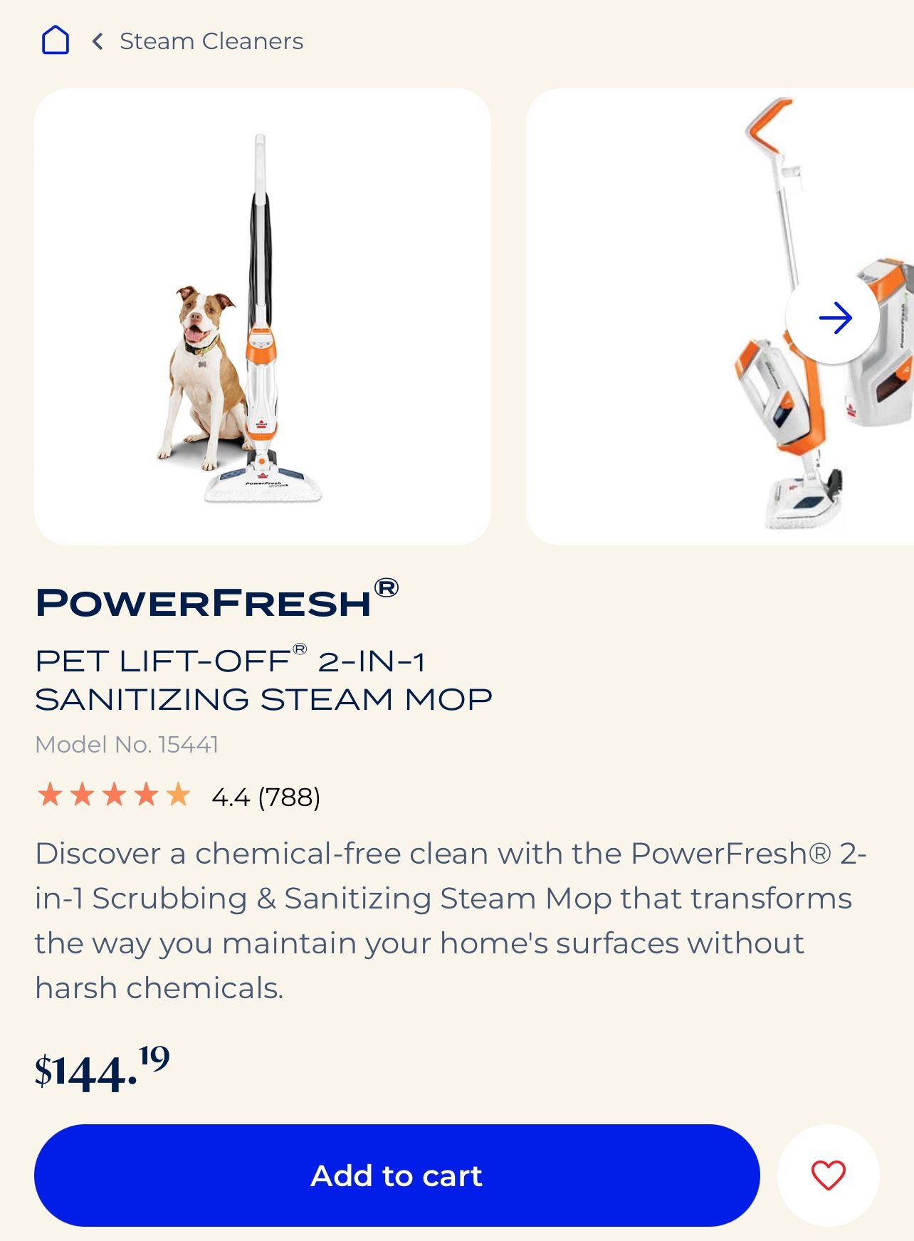 PowerFresh® PET LIFT-OFF® 2-IN-1 SANITIZING STEAM MOP 