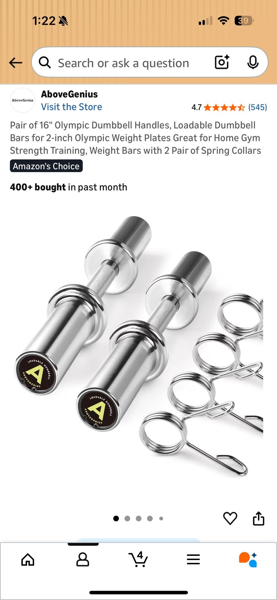 16" Olympic Dumbbell Handles, Loadable Dumbbell Bars for 2-inch Olympic Weight Plates