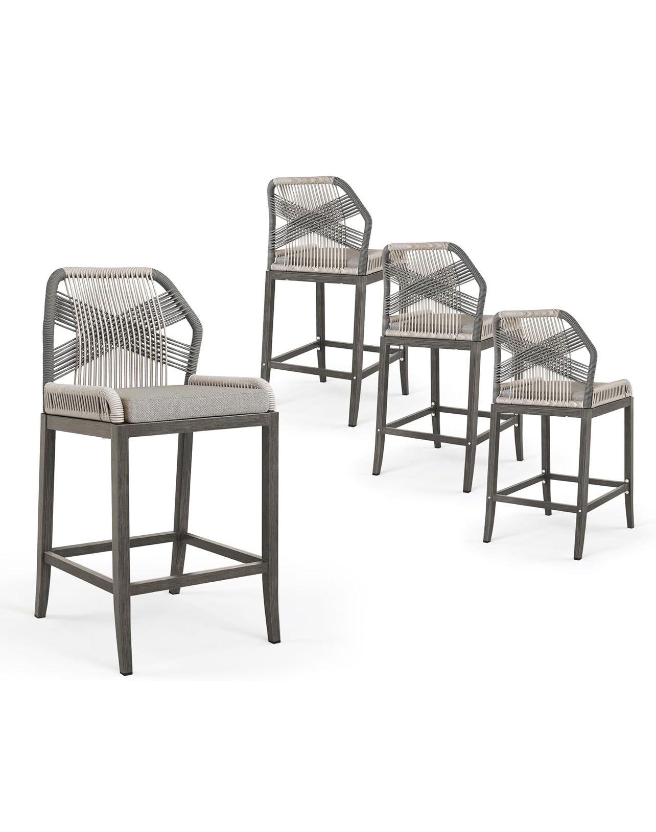 Outdoor Bar Stools, Counter Height Rattan Bar stools Set of 4 with Aluminum Legs for Patio Garden, Slate Gray