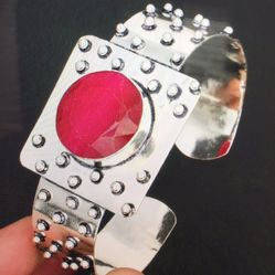 Garnet Stamped 925 Sterling Silver Cuff Bracelet 