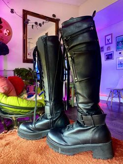 Current Mood (Dolls Kill) "Obsidian" Pocket Platform Combat Boots — Knee High — Black