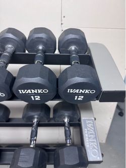 Ivanko Commercial Rubber Hex Dumbbell Set w/ Rack 5–40 lb