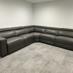 NEVIO Top Grain Leather Sectional Couch w/ 3 Power Reclining Chairs- Smoke (Gray)