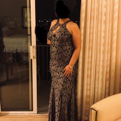 Nightway Silver Glitter Lace Halter Formal Dress