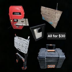 Package Deal: Ridgid Box (Minor Handle Issue), Skil Bandsaw- No Blade, B&D Workmate, Mirror, Pegboard, Scrap Wood Etc., MUST TAKE ALL