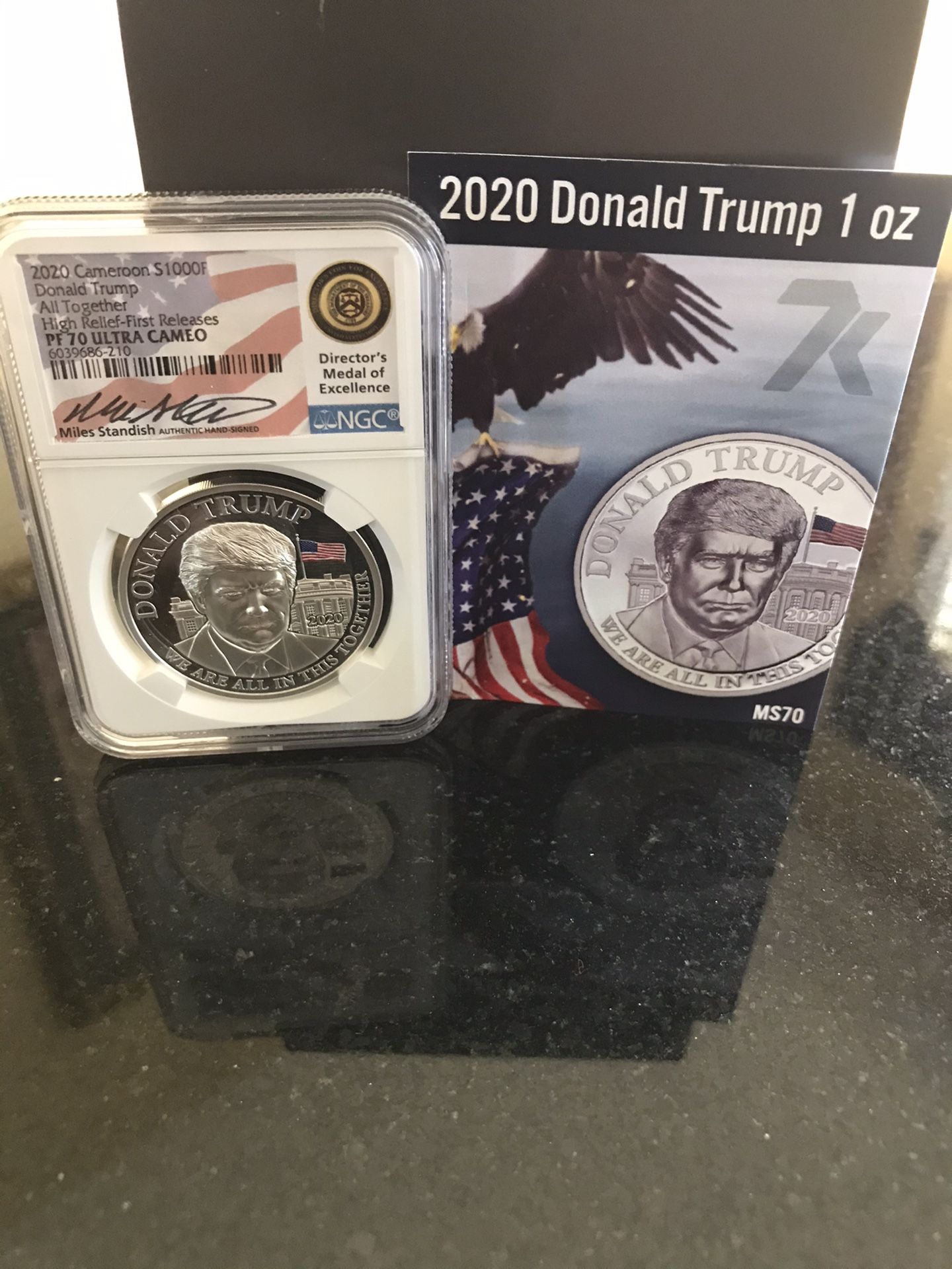 Trump 1 oz PF 70 with Miles Standish Singature