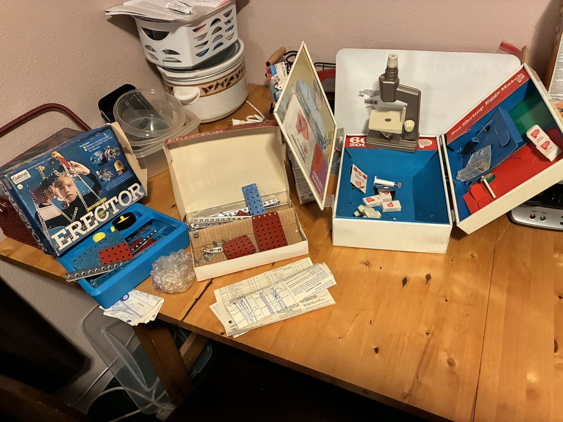 $90-Vintage toys- old METAL ERECTOR SETS (2 of them) and Super Vintage MICROSCOPE PLAY SET in metal case complete with slides. Selling as a set only f