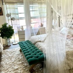 Vintage Tufted Teal Ottoman Bench - Hollywood Regency Era 