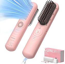 CONLWIN 2-in-1 Cordless Battery-Powered Curler & Straightener Brush - 350M Negative Ions, Dual Hot/ Cold Settings, Frizz-Free Styling for Thick Curly