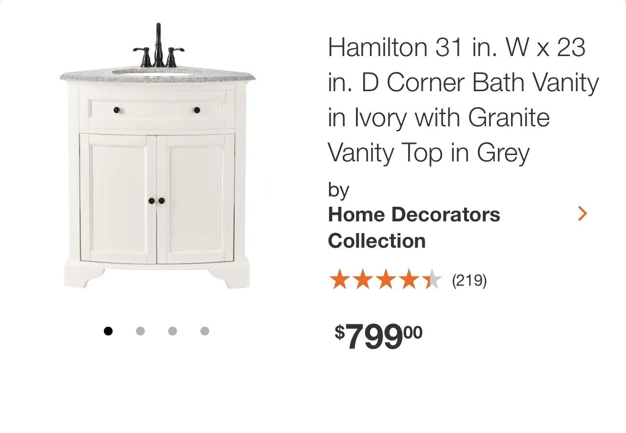 New, Hamilton 31 in. W x 23 in. D Corner Bath Vanity in Ivory with Granite Vanity Top in Grey