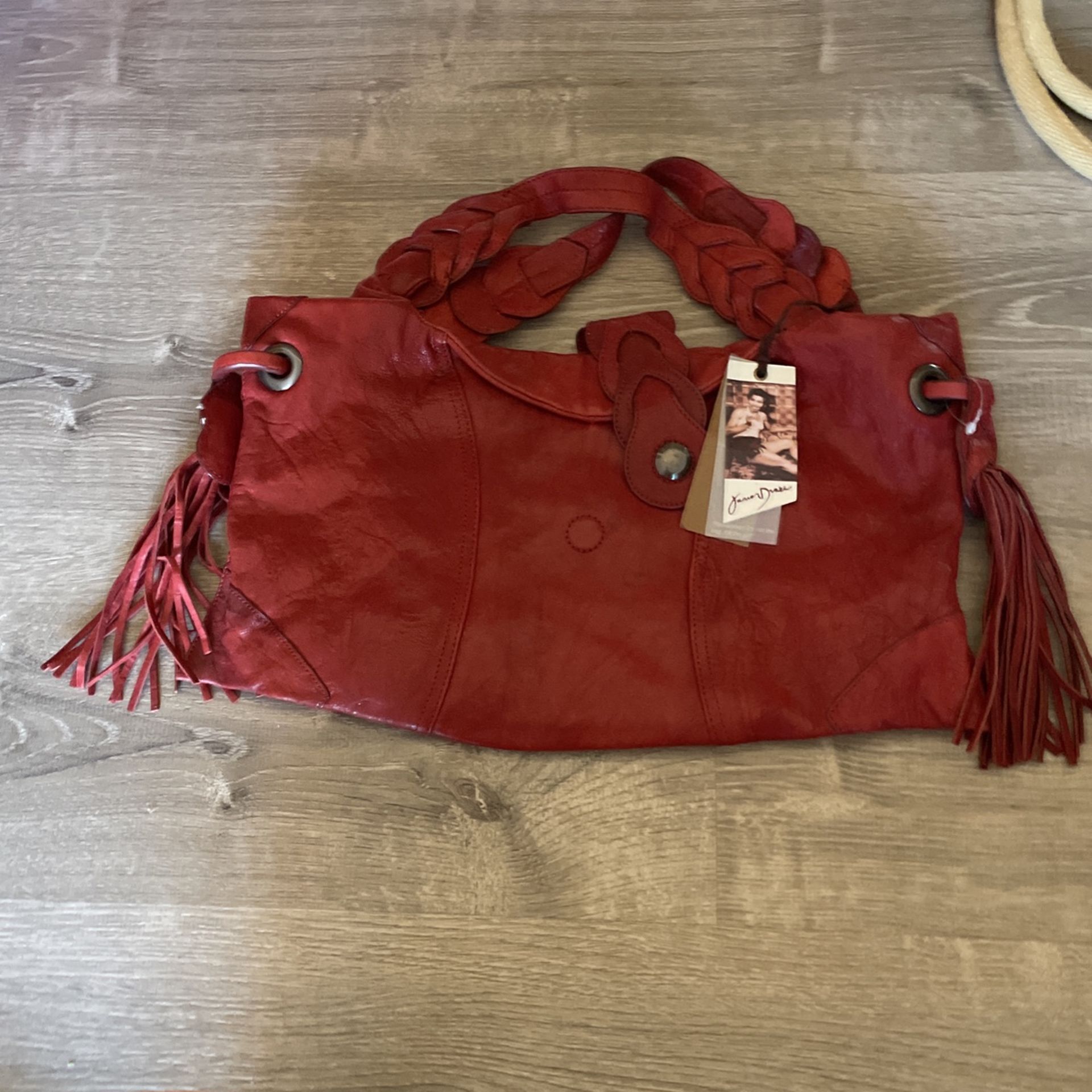 NWT $360 Junior Drake Designer Red Bag With Fringe And Braids Leather