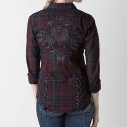 AFFLICTION Womens Red Black Premium Wisdom Embroidered Buffalo Plaid Shirt