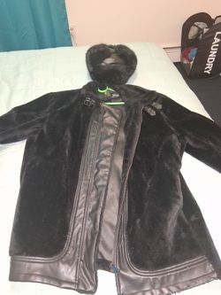 Black fur faux leather coat w/ black russian hat