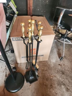 Vintage Brass & Black Cast Iron Fireplace Tool Set (5-Piece)