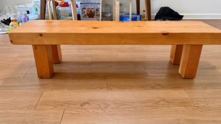 Handmade solid wood bench:  55 inches long,  14 inches high, 12 inches wide,  3.5-inch thick plank—