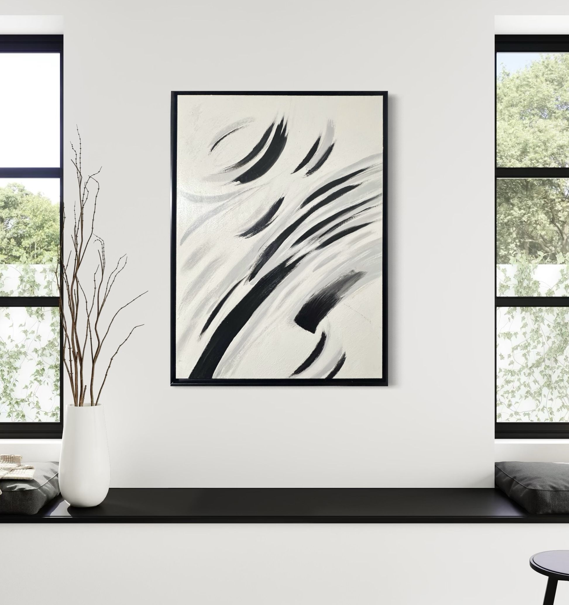 Large Modern Abstract Painting – 50”x40” – Black & White Minimalist Art