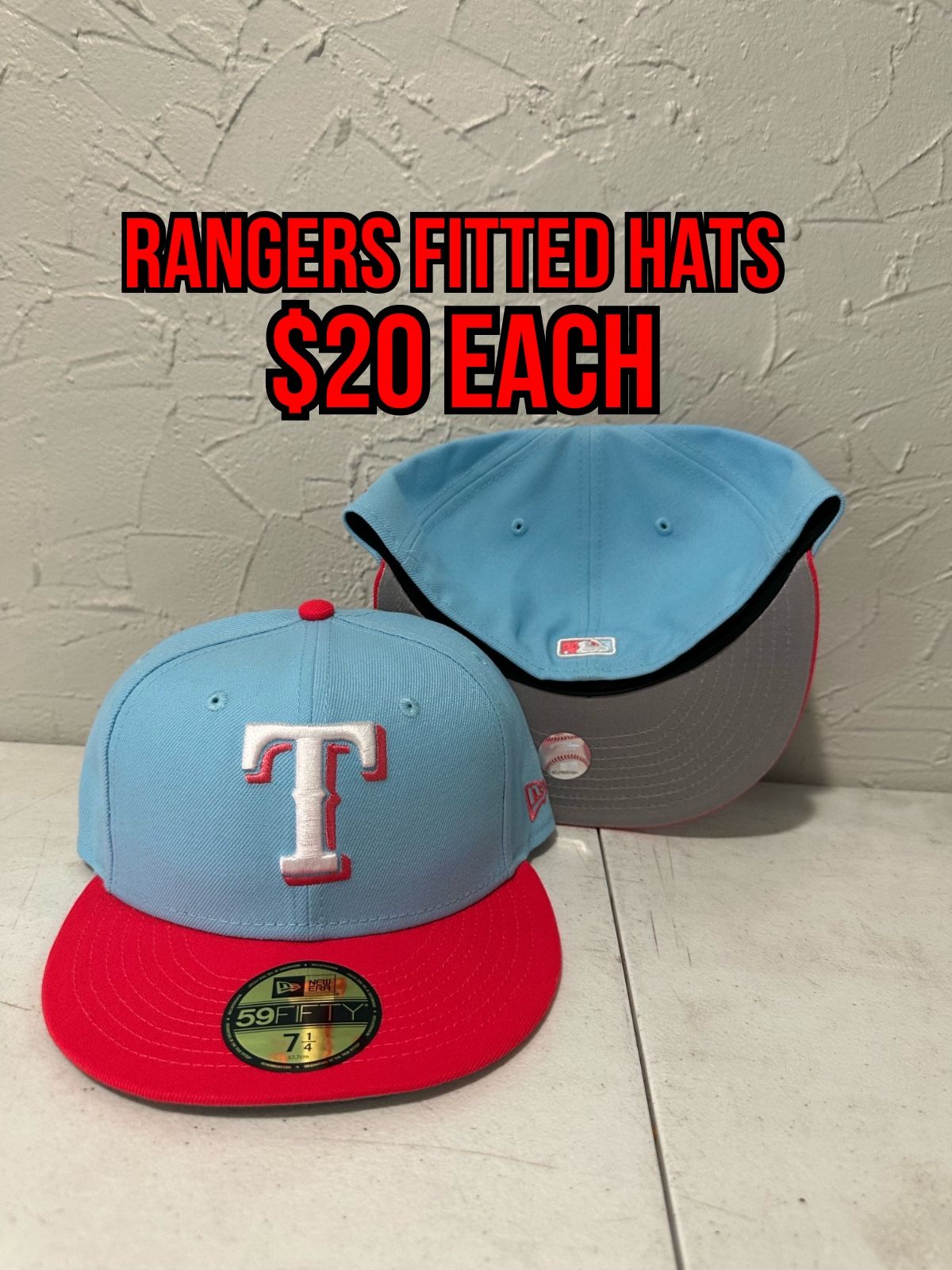 MLB New Era Texas Rangers Light Blue Pinkish Red 59fifty Fitted Hats Size 7 1.8, 7 1/4, 7 3/8, 7 1/2 And 7 3/4