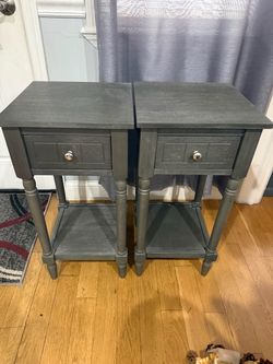 Pair of Gray Nightstands with Drawer and Shelf