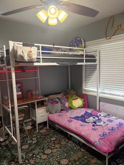 White Metal Bunk Bed with Desk