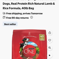 Purina ONE Plus Dry Dog Food for Adult Dogs, Real Protein Rich Natural Lamb & Rice Formula, 40lb Bag