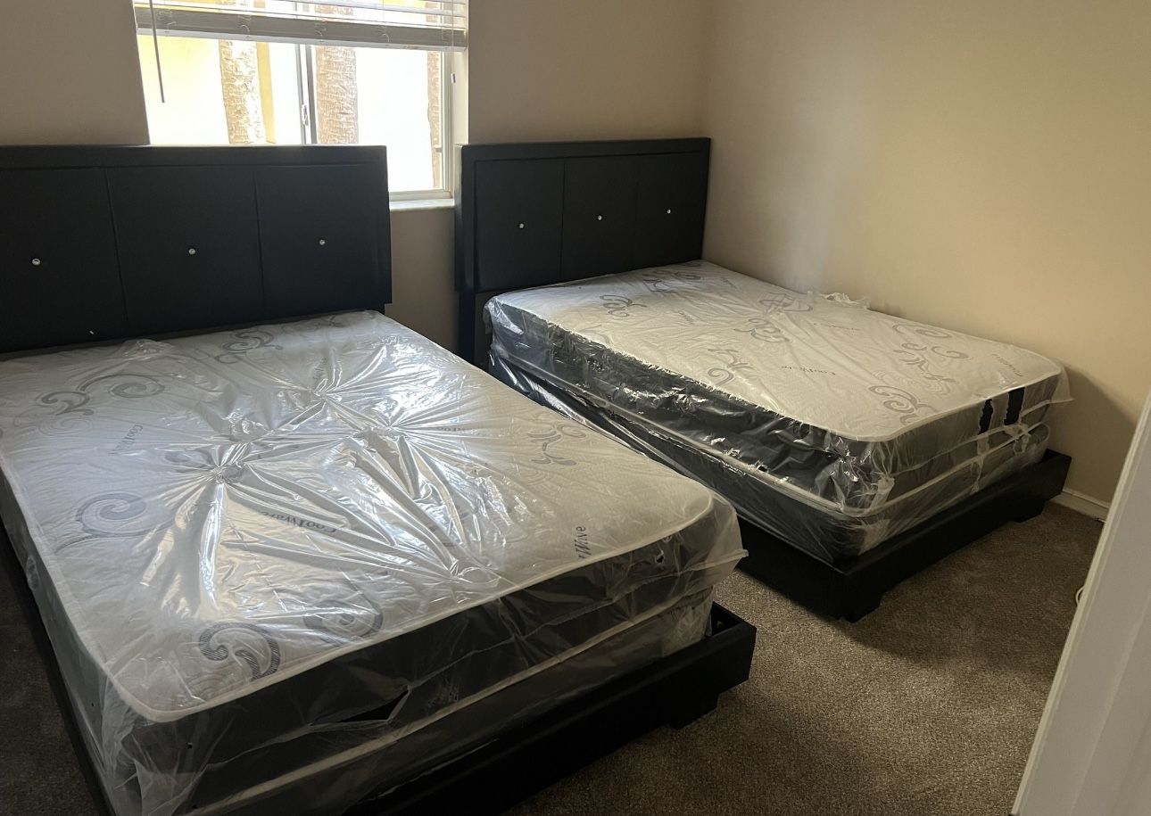TWO NEW BED FRAME FULL WITH MATTRESSES AND BOX SPRING