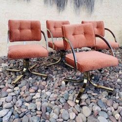 1980s Cal Style Red Cushion & Gold Brass on Casters Dining Chairs - Set of 4 