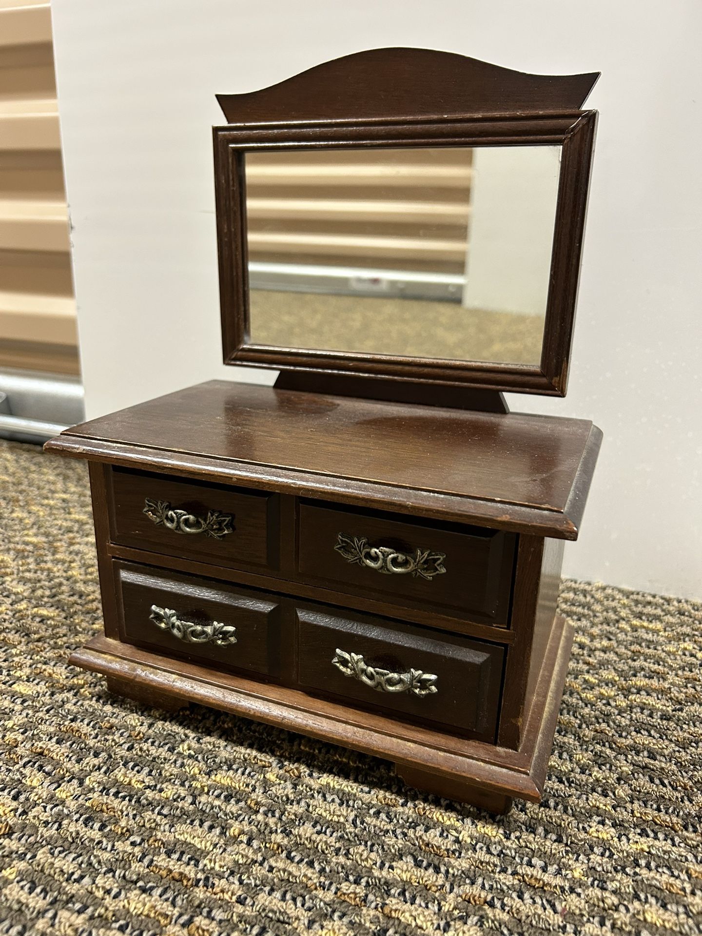 Vintage jewelry box used as doll dresser