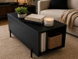 Modern Black Wood Coffee Table with Open Storage Shelf (New)