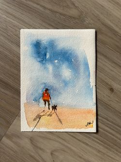 Original Watercolor Painting Hiker with Dog