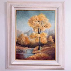 Original Painting Beautiful Nature Trees Creak Signed By Artist 27”X23” Shabby Chic - MCM -